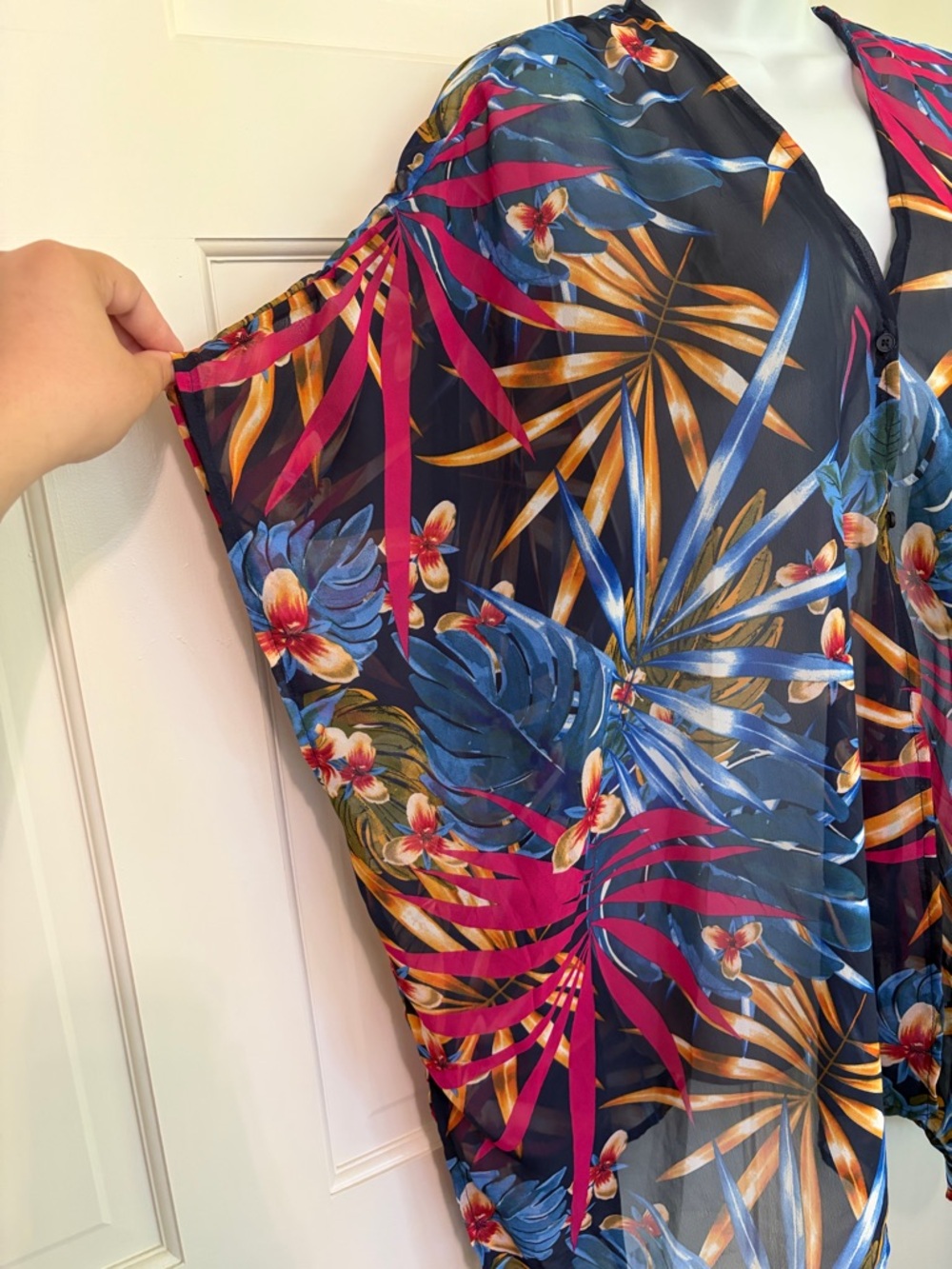 Tropical Floral Sheer Kimono Blouse - Navy/Multicolor - Picture 2 of 6